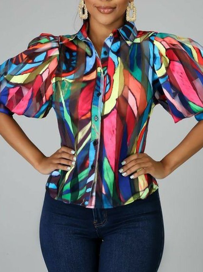 Abstract Regular Fit Short Sleeve Blouse
