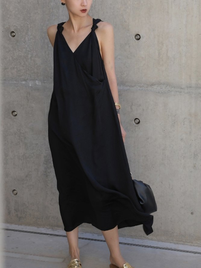 V neck Plain Simple Regular Fit Sleeveless Woven Black Dress