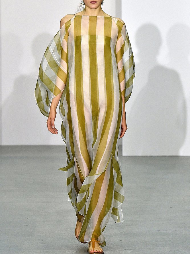 Boat Neck Striped Loosen Short Sleeve Woven Midi Dress