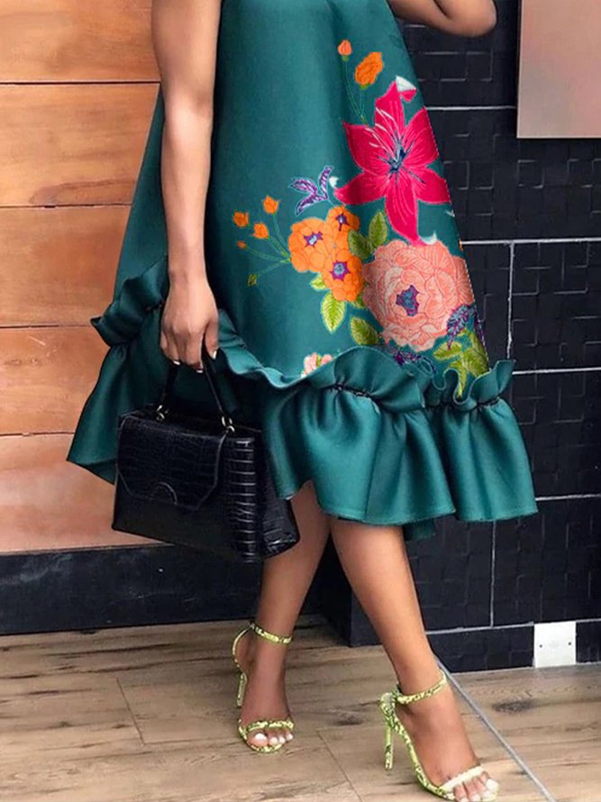 Vacation Crew Neck Floral Printed  Women Dress