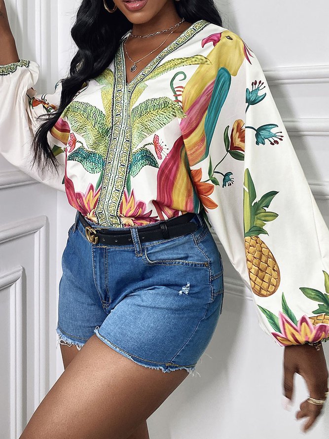 V Neck Tropical Vacation Blouse