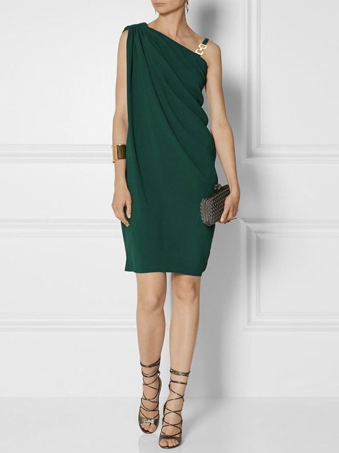Elegant Solid Asymmetrical Neck Sleeveless Knee Dress