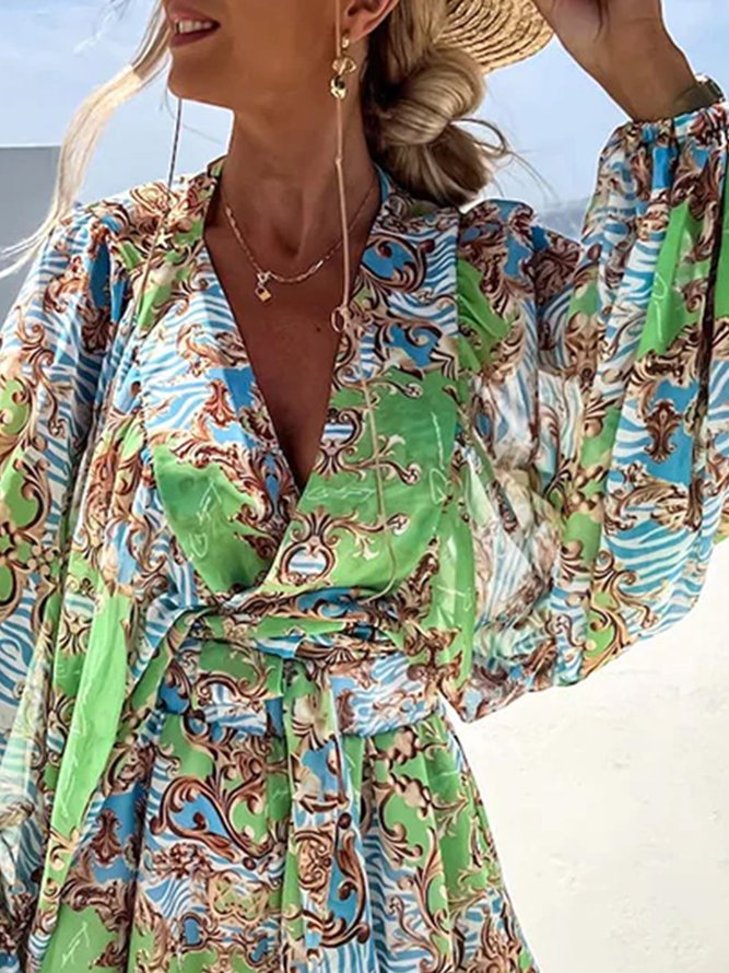 Vacation Green Long sleeve V Neck Floral Two Piece Sets