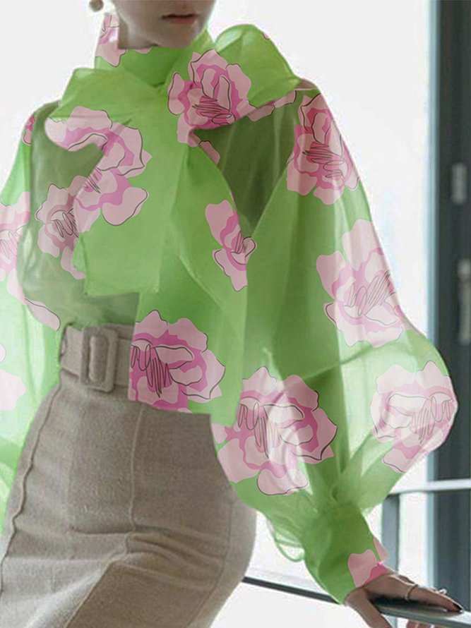Elegant Stand Collar Knot Front Floral Lantern Sleeve  Blouse