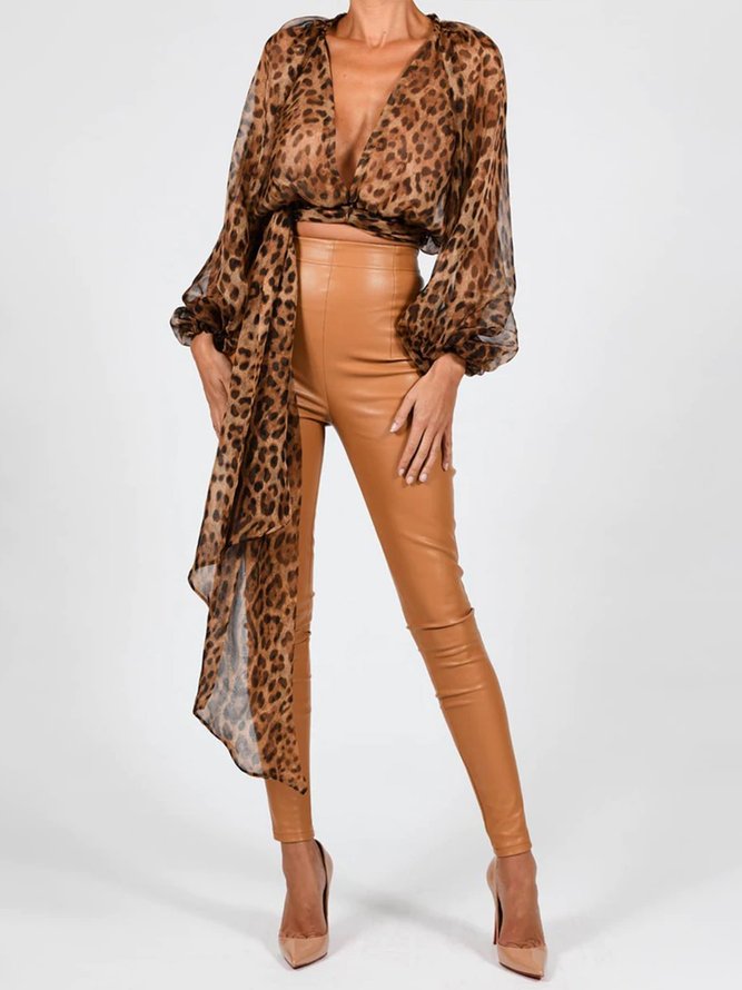 Long sleeve Fit High Waist Leopard Urban Chiffon Top