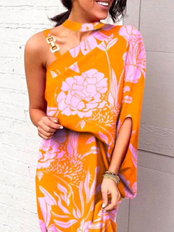 Vacation Chain Cold Shoulder Floral  Printed Dress