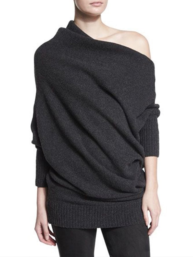 Boat Neck Long sleeve Daily Black Sweater