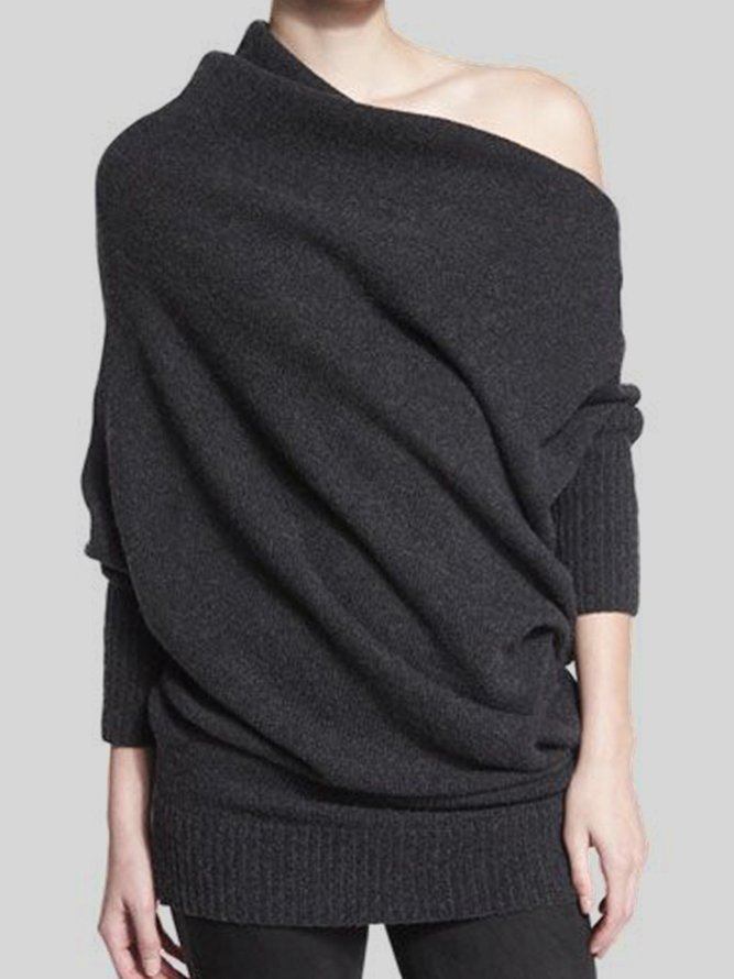 Boat Neck Long sleeve Daily Black Sweater