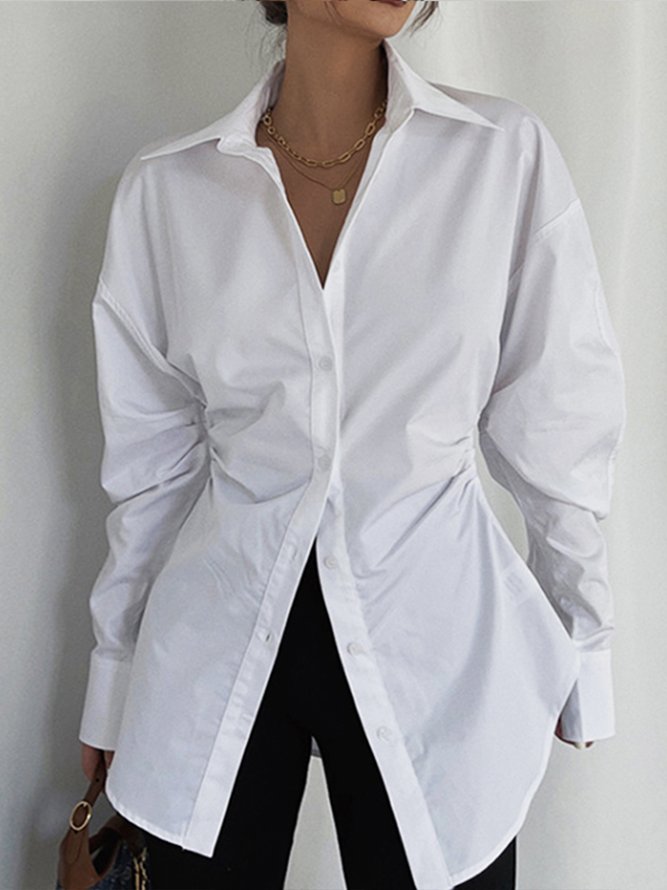 White Daily Shirt Collar Plain Simple Long sleeve Blouse