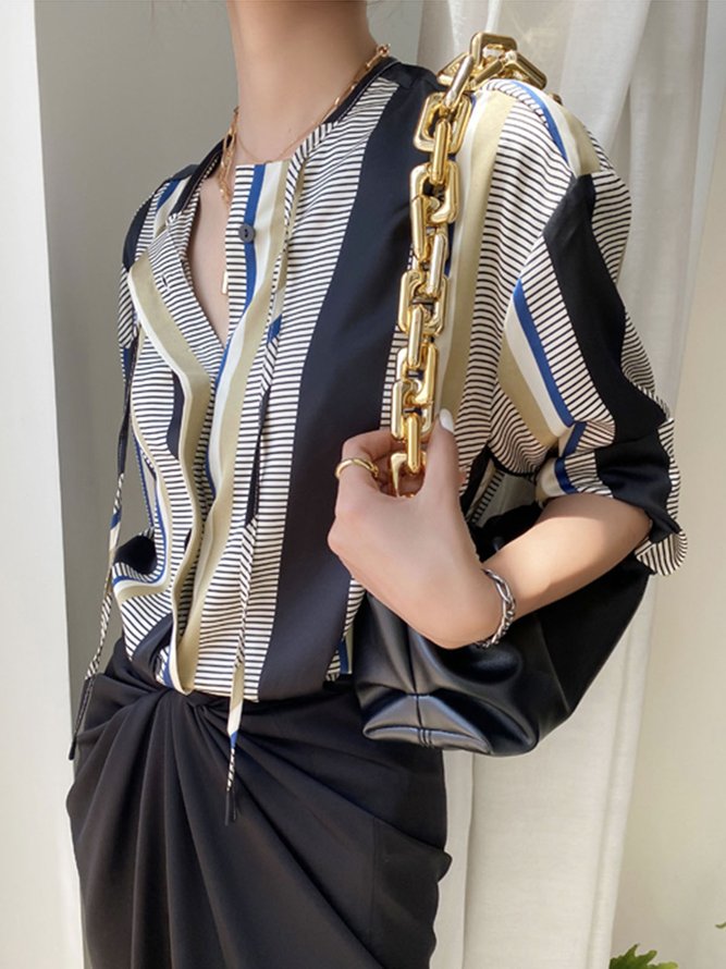 Long sleeve Daily Striped Urban Crew Neck Blouse