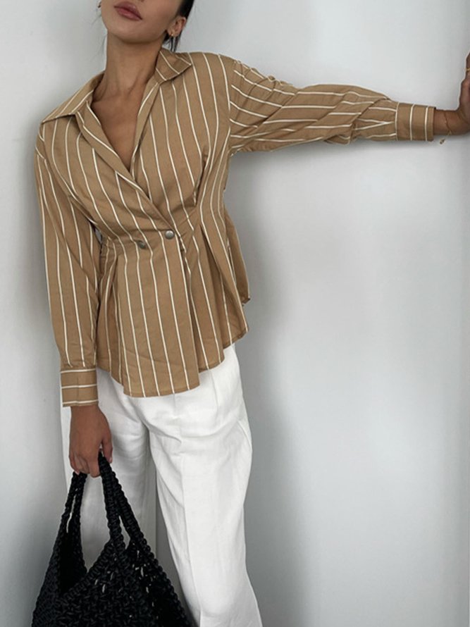Khaki Daily Long sleeve Simple Shirt Collar Blouse