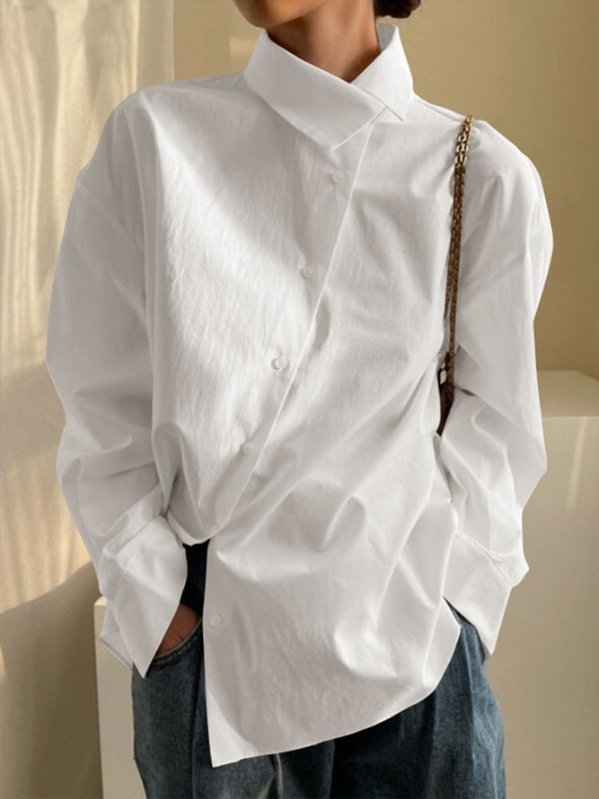 Simple Daily Plain Long sleeve Asymmetrical Blouse
