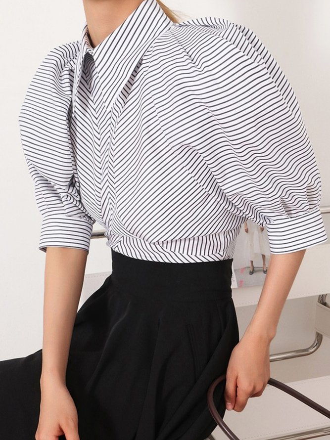 Daily  Work Striped Puff Sleeve  Loose Blouse