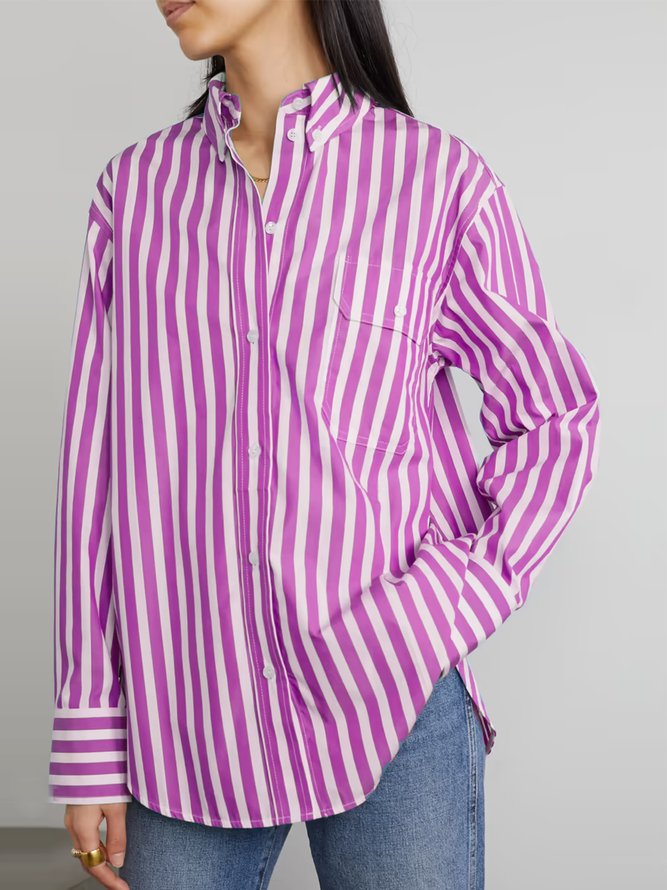 Shirt Collar Striped Simple Long Sleeve Blouse