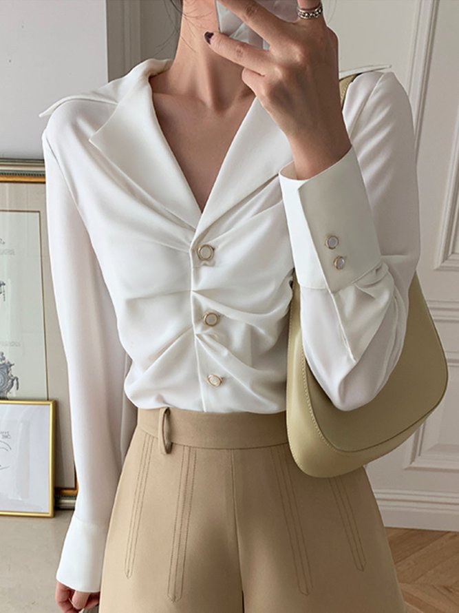 Urban Shawl Collar Buttoned Ruched Plain Blouse