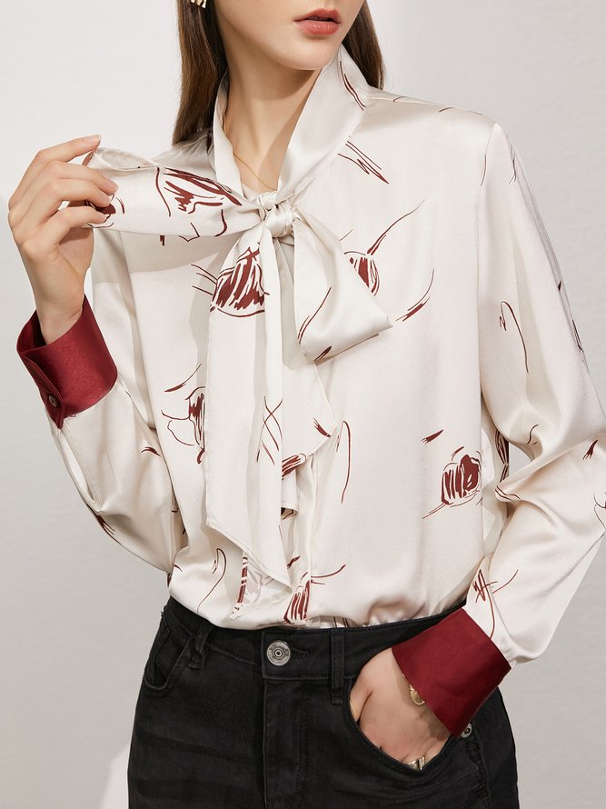 Elegant Lace-up  Floral Printed Long Sleeve Blouse