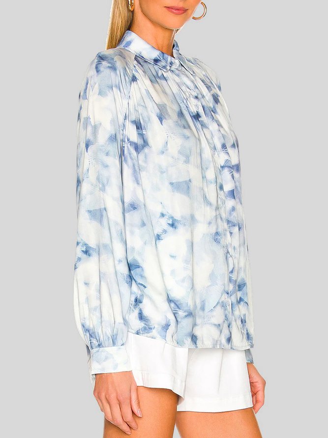 Elegant  Floral Printed Long Sleeve Shirt Collar Blouse