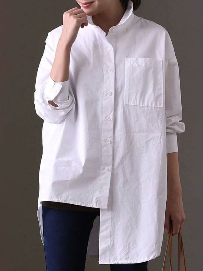 Daily Long sleeve Plain Simple Shirt Collar Blouse