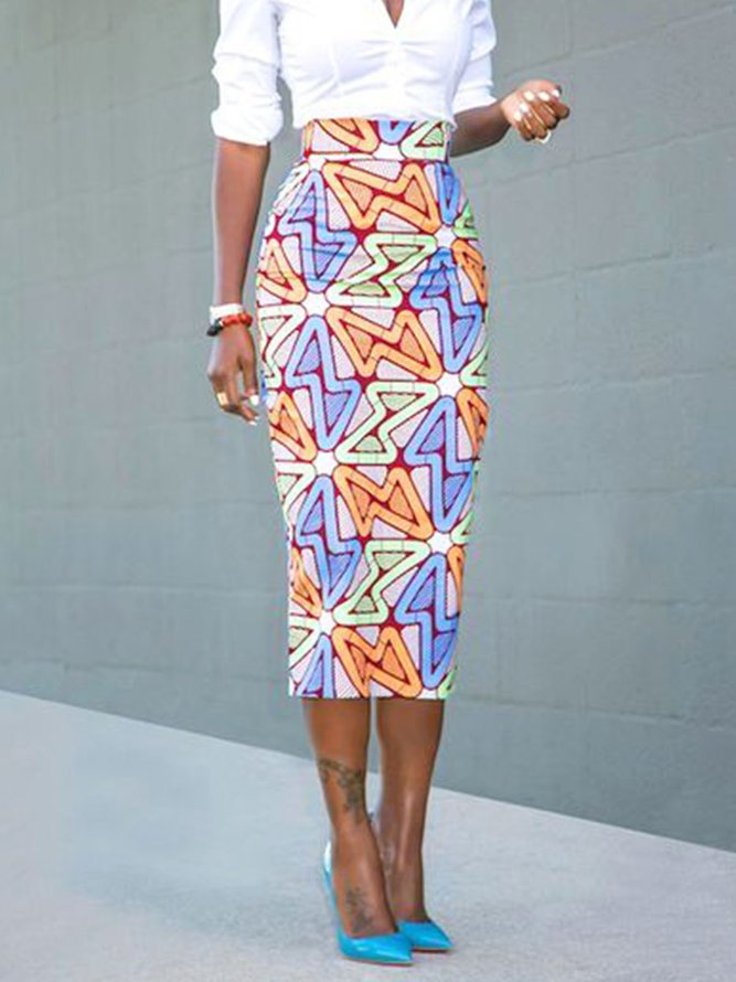 Elegant Urban Geometric Printed Midi Skirt