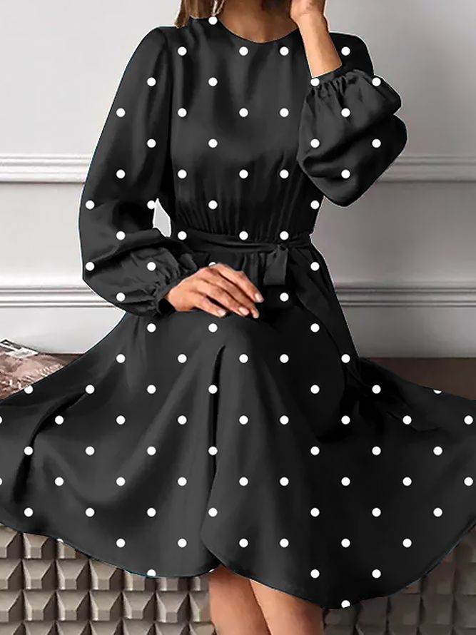 Polka Loose Crew Neck Long sleeve X-Line Dots Elegant Dresses