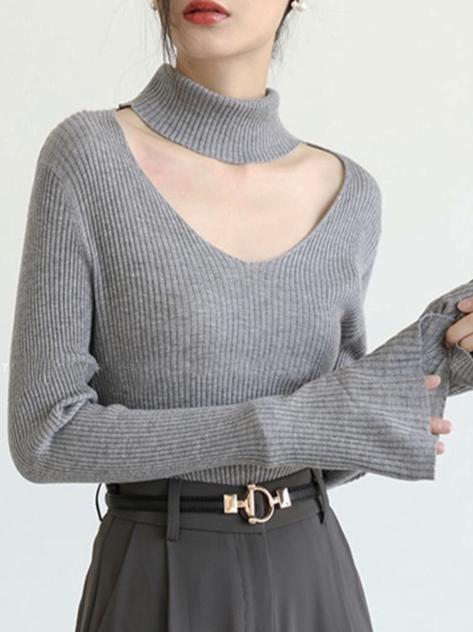 Regular Fit Urban Half Turtleneck Long sleeve Hollow out Sweater