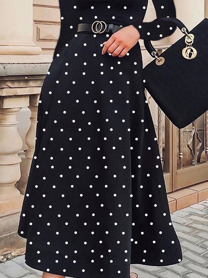 Regular Fit Elegant Polka Dots Long Sleeve Midi Dress