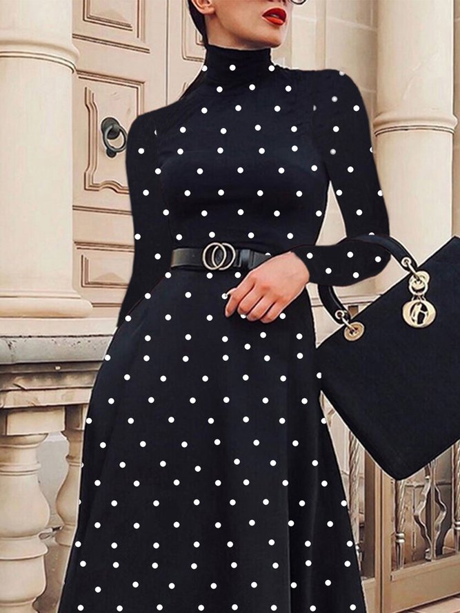 Regular Fit Elegant Polka Dots Long Sleeve Midi Dress