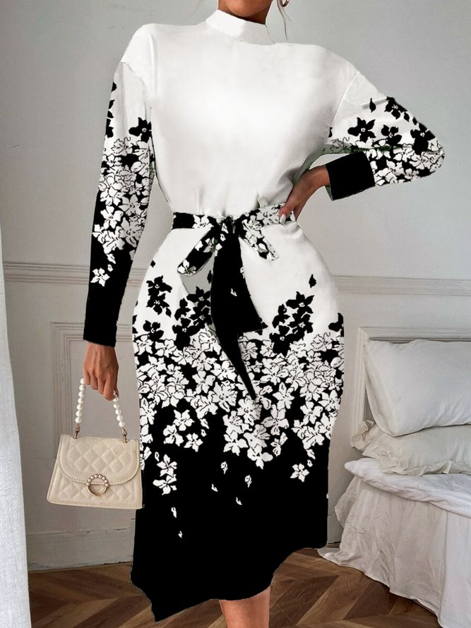 Black Daily Long sleeve Floral Stand Collar Dress