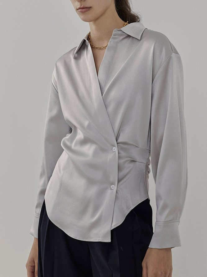 Long Sleeve Plain Shirt Collar Simple Blouse