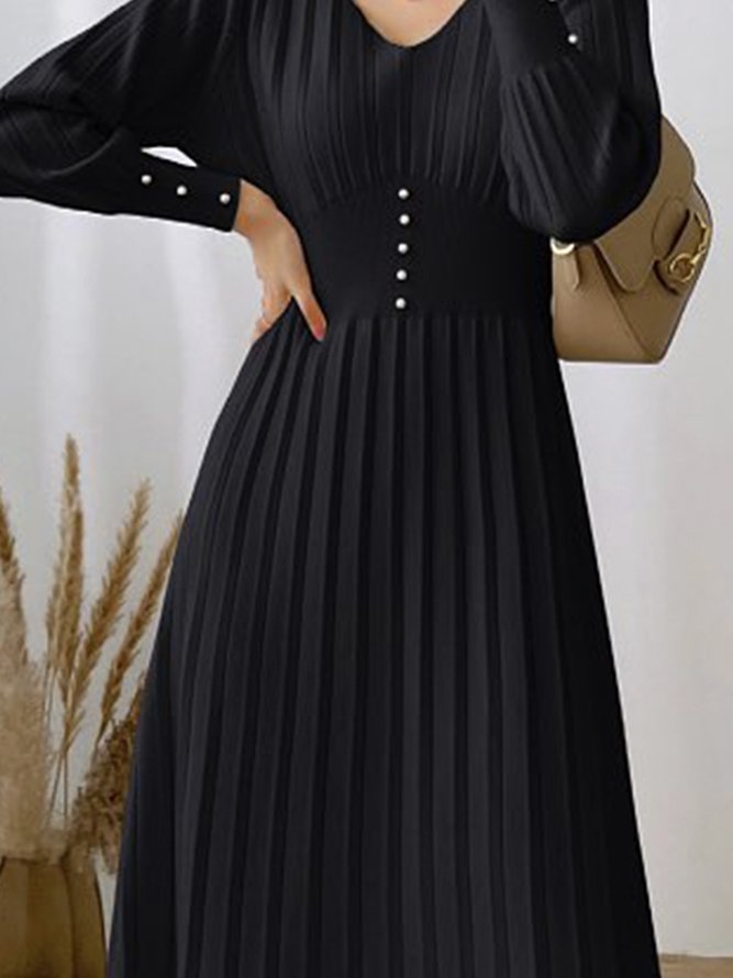 Elegant Long Sleeve V Neck Midi Dress