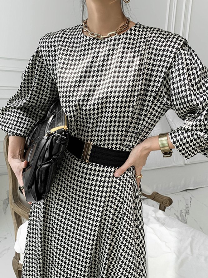 Daily Long sleeve Houndstooth Regular Fit Crew Neck Dress