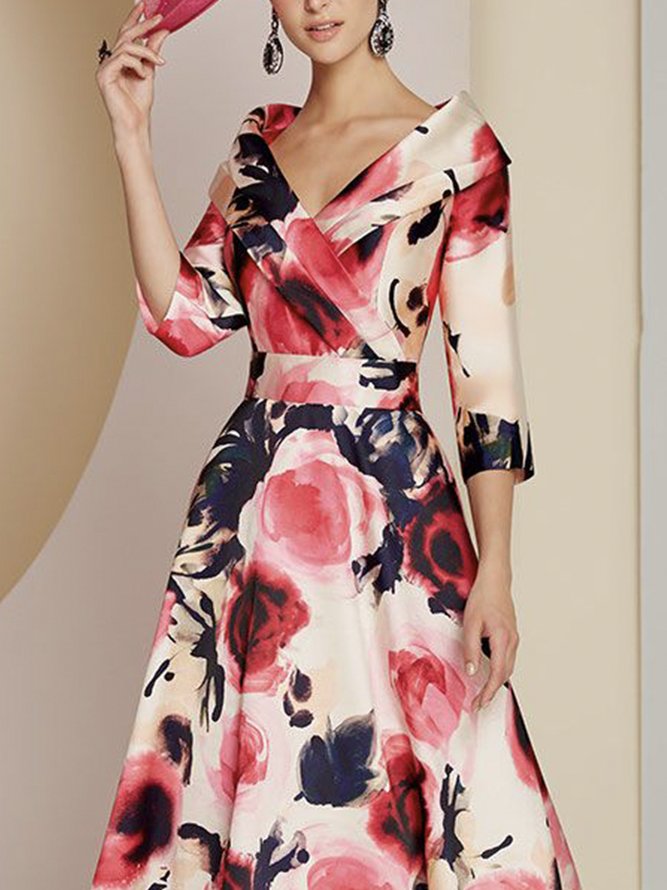 Elegant Floral Cold Shoulder Regular Fit Midi Dress