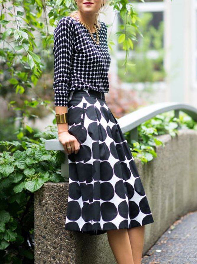 Daily Black Midi Polka Dots Regular Fit Skirt