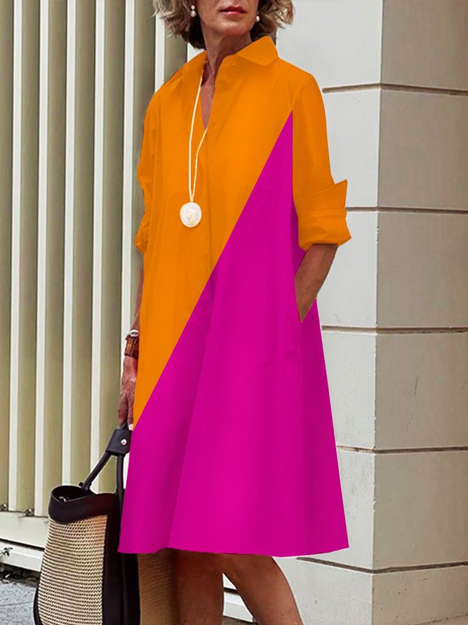 Midi Long sleeve Regular Fit Color Block Shirt Collar Dress