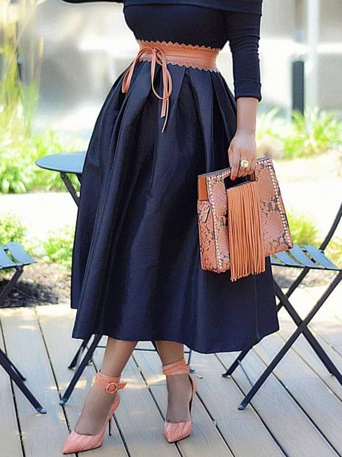 A- Line Loosen Daily Elegant Plain Midi Skirt