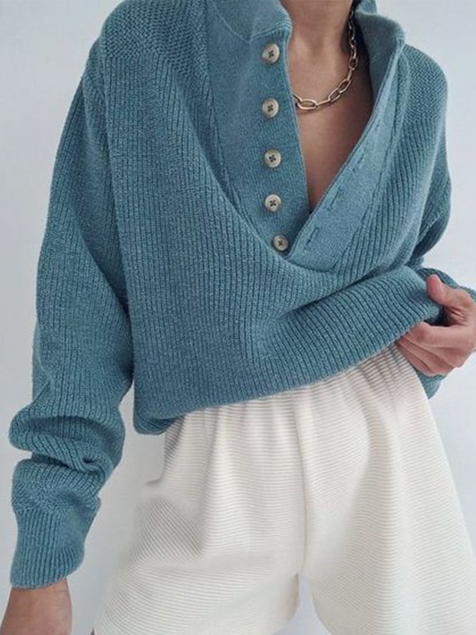 Casual Plain V Neck Buttoned Loose Sweater