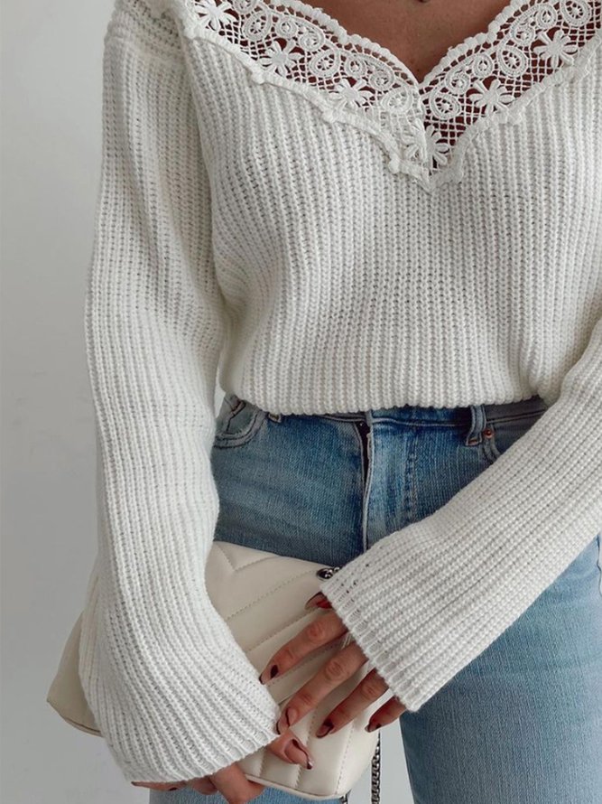 Elegant V Neck Loose Long Sleeve Lace Sweater