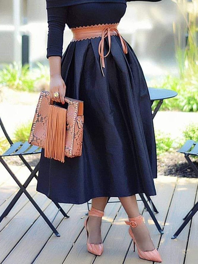 A- Line Loosen Daily Elegant Plain Midi Skirt