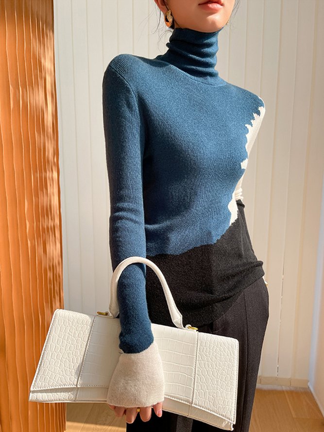 Fashion Long Sleeve Turtleneck Color Block Sweater