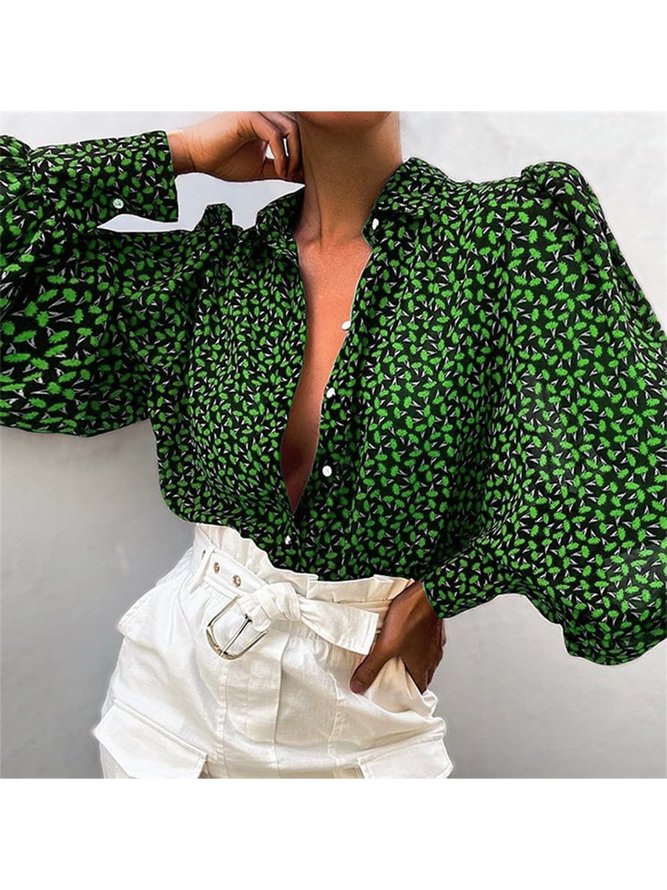 Simple Autumn Plants Polyester No Elasticity Daily Loose Regular Shirt Collar Blouse for Women
