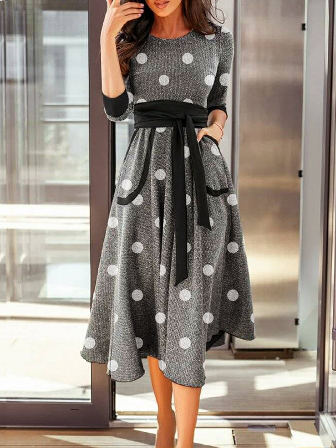 Polka Dots Autumn Elegant Natural High Elasticity Daily Regular Fit Midi Long sleeve Dresses for Women