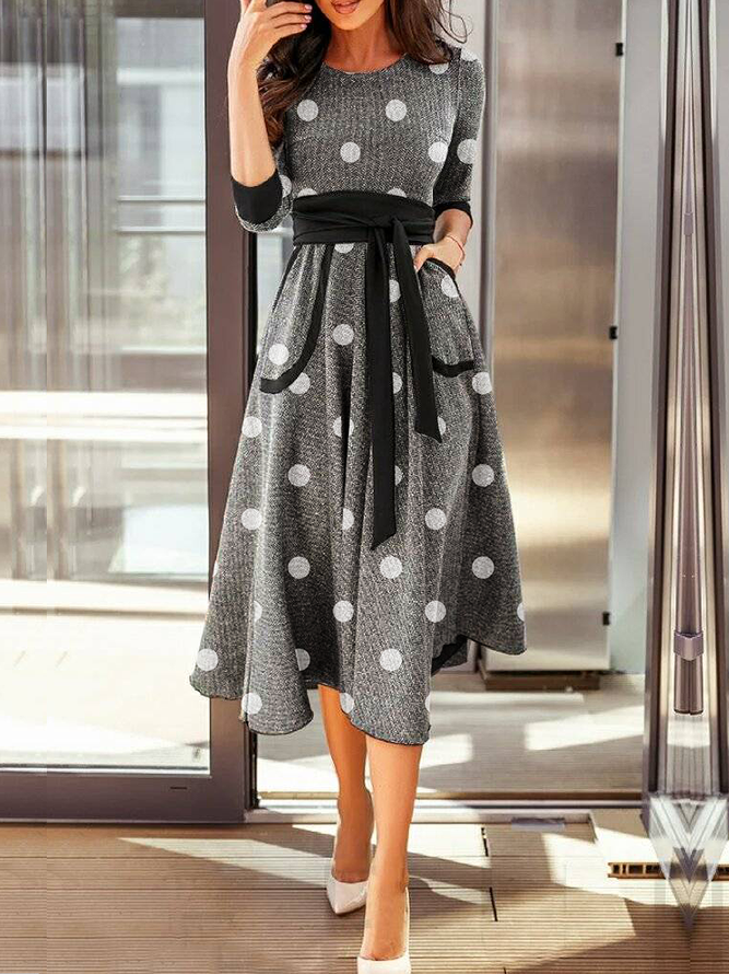 Polka Dots Autumn Elegant Natural High Elasticity Daily Regular Fit Midi Long sleeve Dresses for Women