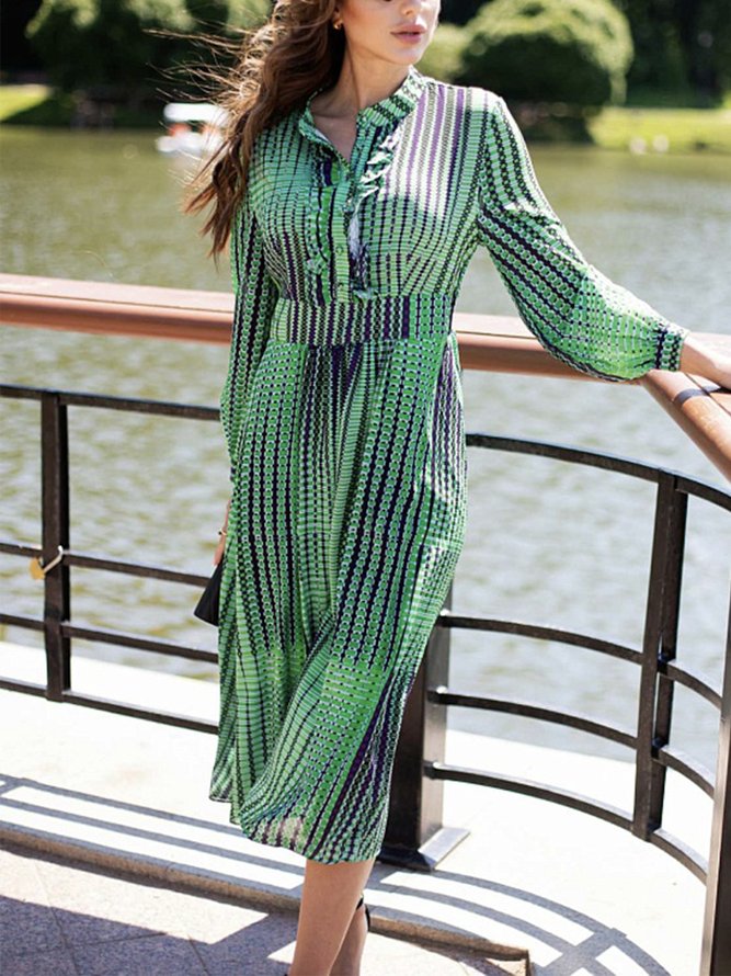 Geometric Autumn Elegant Polyester Stand Collar Midi 1 * Dress Long sleeve X-Line Dresses for Women