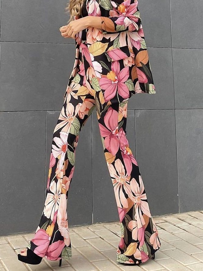 Floral Autumn Urban No Elasticity Daily Regular Fit Mid Waist X-Line Regular Fashion Pants for Women