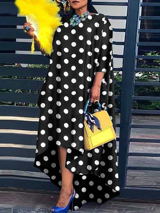 Polka Dots Autumn Urban Daily Long Three Quarter A-Line Regular Regular Size Dresses for Women