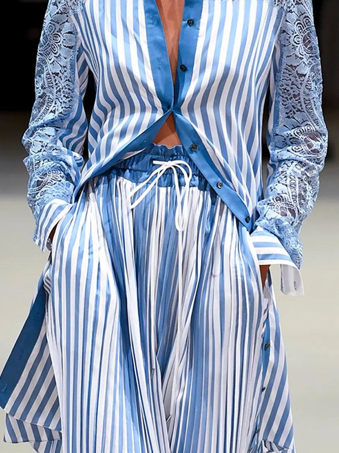 Striped Autumn Urban Polyester Loose Long sleeve Regular Regular Regular Size Blouse for Women