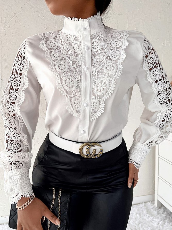 Women Plain Autumn Urban Polyester Stand Collar No Elasticity 1 * Top Long sleeve Regular Size Blouse