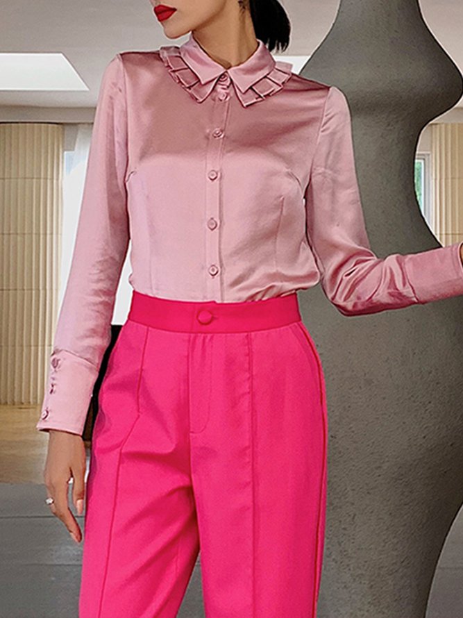 Plain Autumn Elegant Satin No Elasticity Daily Buttons Long sleeve Regular Size Blouse for Women