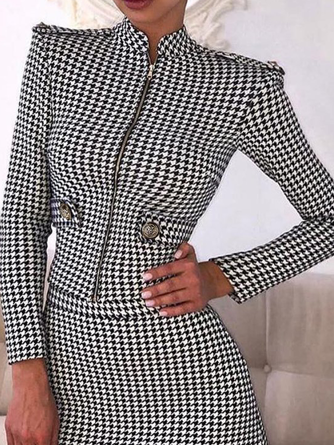 Plaid Autumn Elegant Polyester Stand Collar No Elasticity Long sleeve Regular Regular Size Other Coat for Women