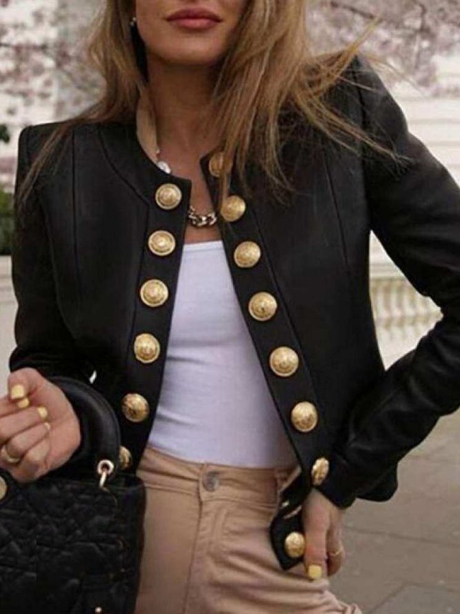 Urban  Simple  Crew Neck Buttoned  Long Sleeve Jacket